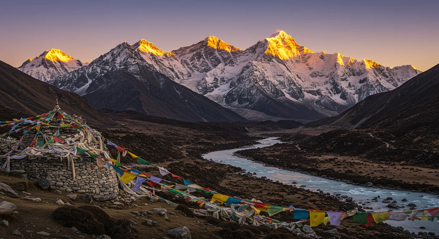 Himalayan Sunrise Over River Bend and Prayer Flags