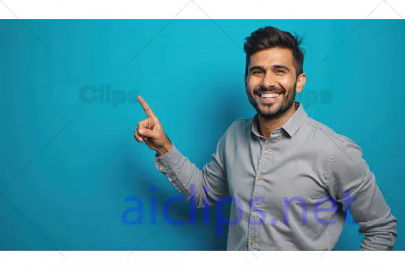 Smiling Man Pointing Upwards on Blue Background