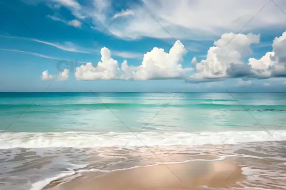 Tranquil Sandy Beach with Turquoise Waves and Cloudy Sky