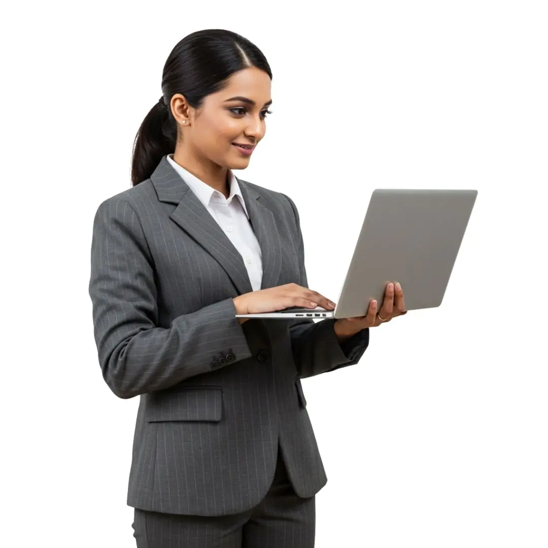 Professional Woman Using Laptop in Business Attire PNG