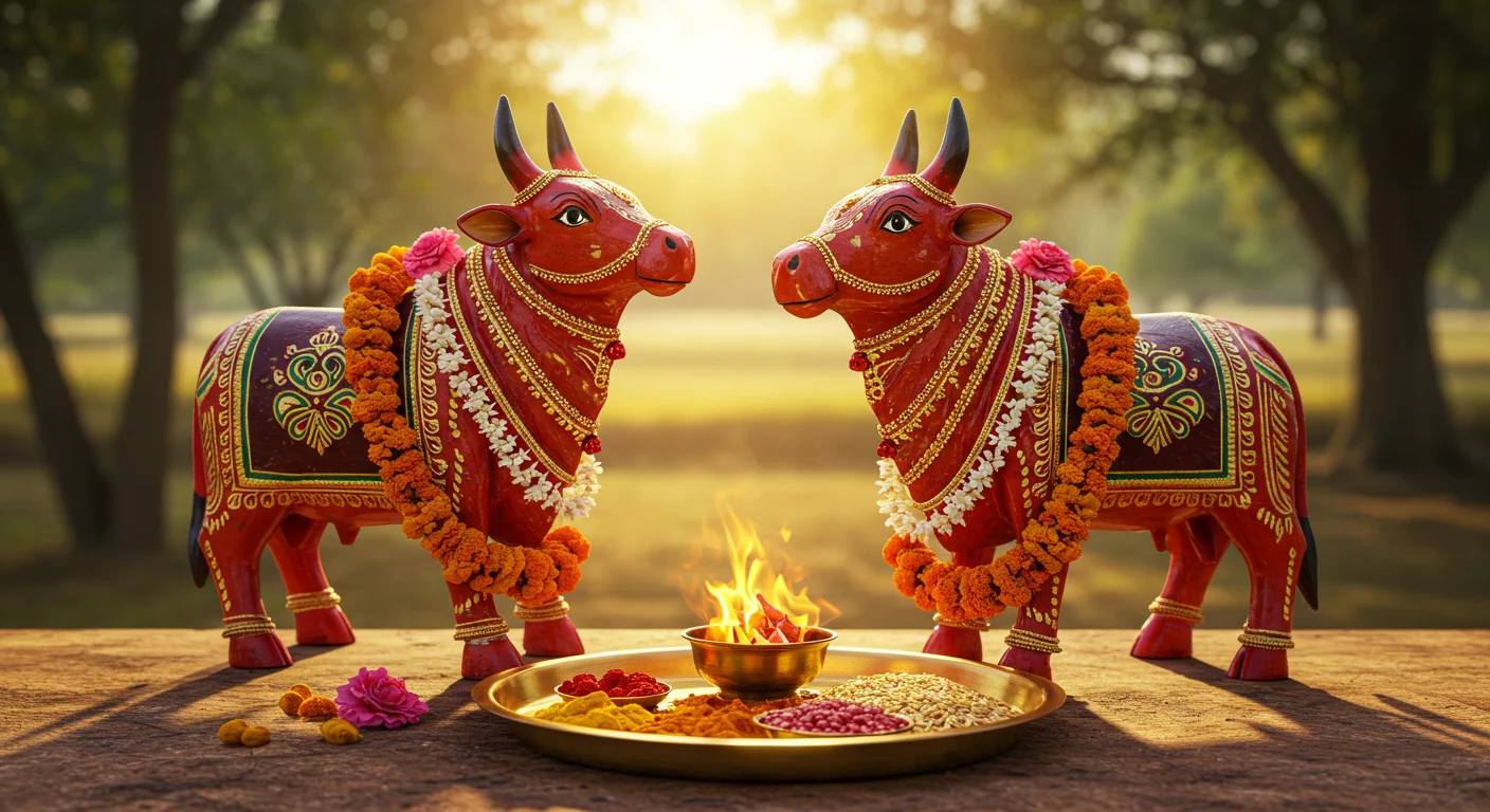 Sacred Bull Worship with Fire Ritual in Village Setting | AIClips Indian Festival Vibes