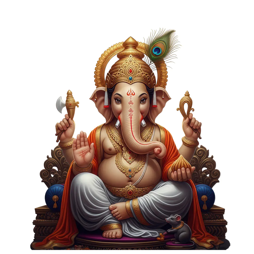 Majestic Seated Ganesha with Peacock Feather PNG