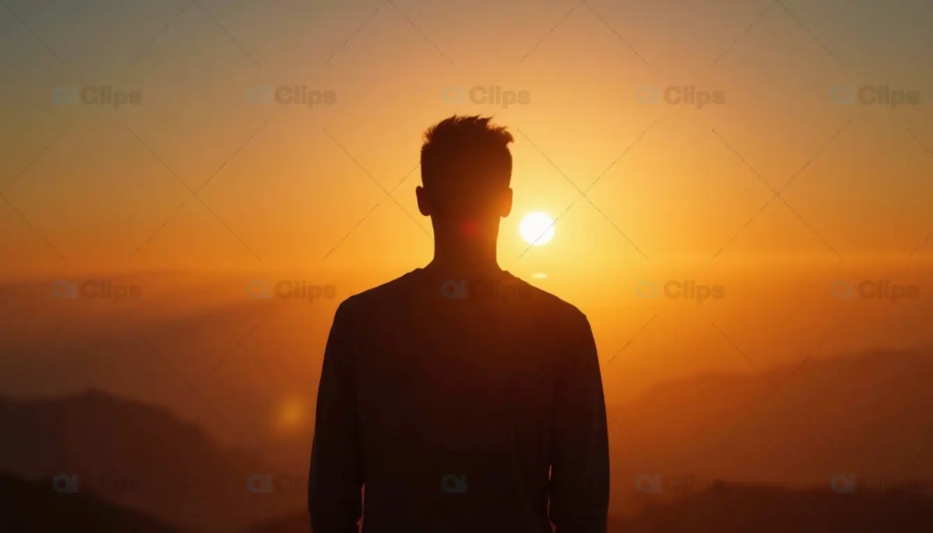 Man Watching Sunset Over Mountains