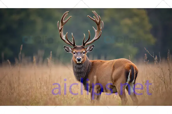 Red Deer Stag with Majestic Antlers in Meadow