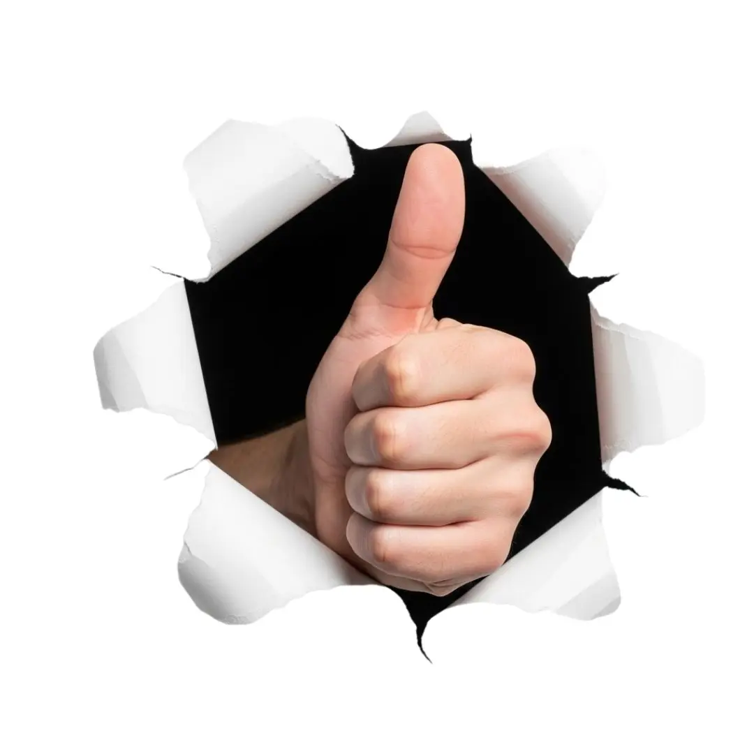 Hand Thumbs Up Ripping Through White Paper PNG