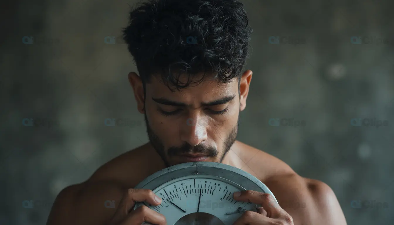 Man Contemplating with Weighing Scale