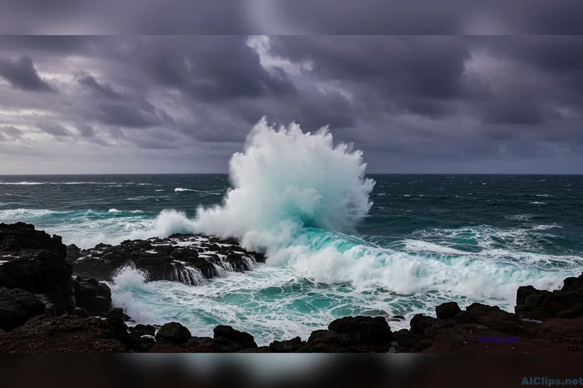 Dynamic Ocean Waves Crashing on Rocky Shore