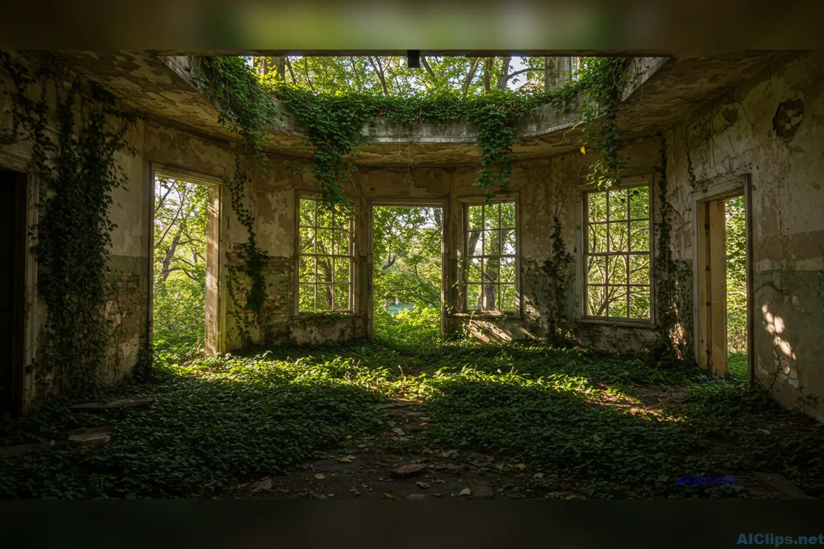 Serene Abandoned Room with Nature Overgrowth