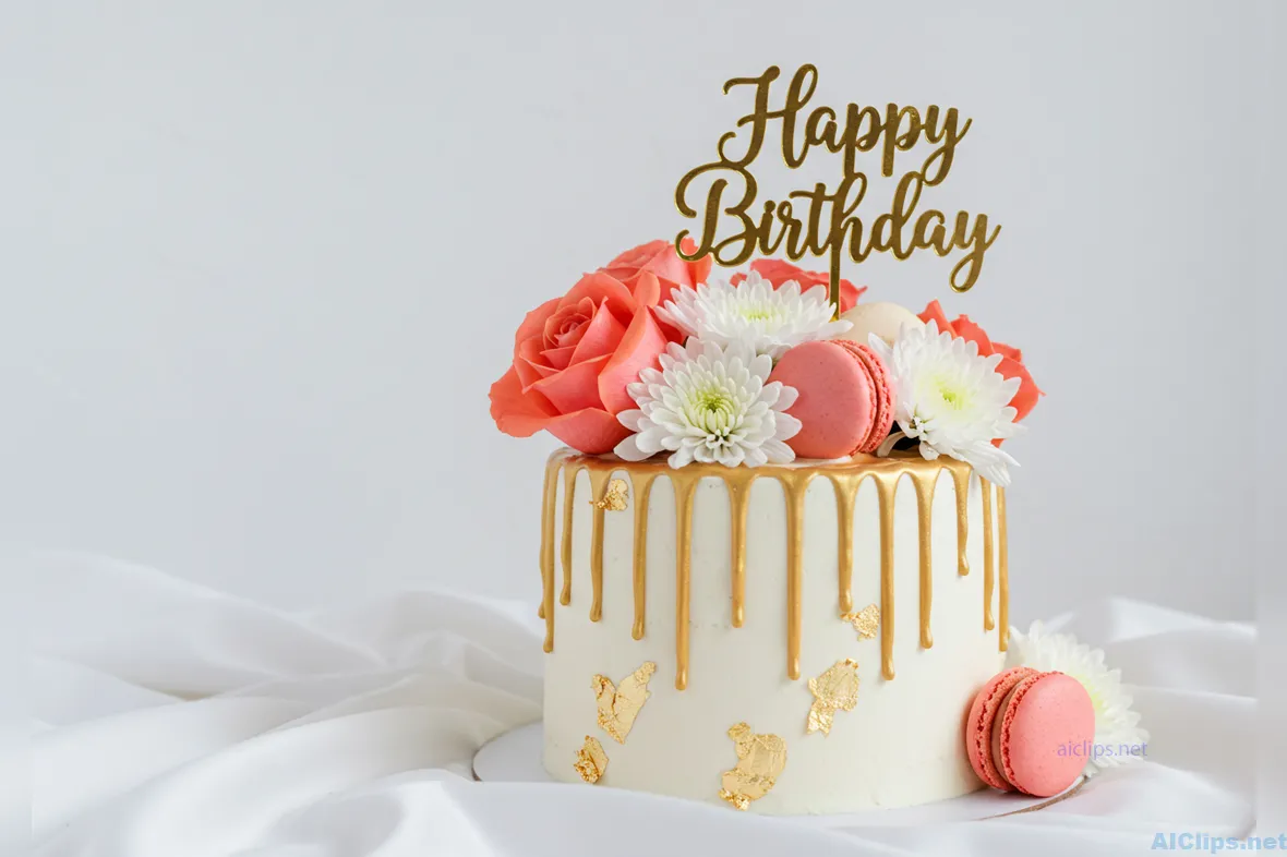 Elegant Birthday Cake with Flowers and Decorations