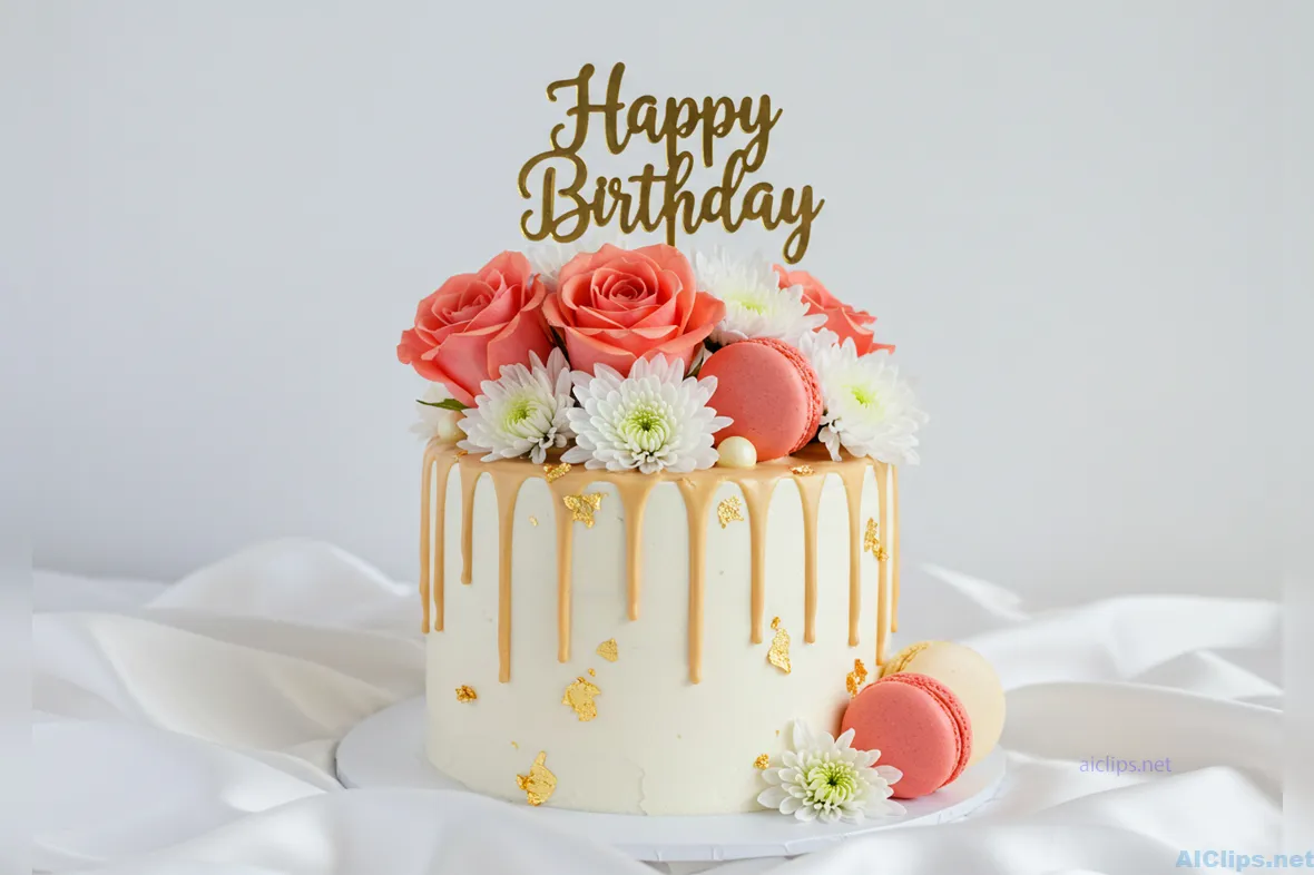 Elegant Birthday Cake with Flowers and Macarons