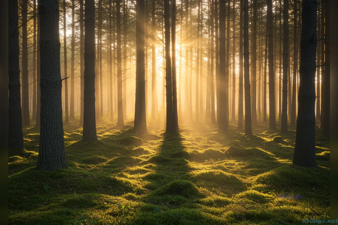 Serene Forest Landscape with Sunlight and Fog