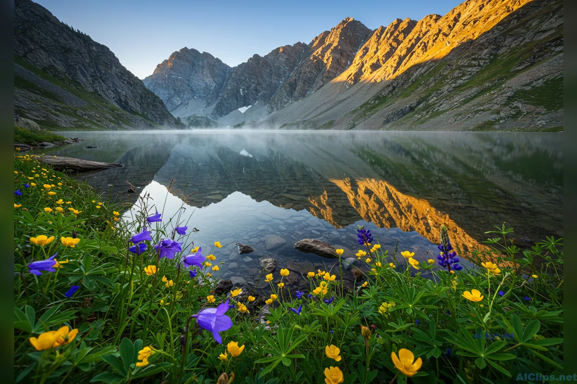 Stunning Mountain Lake Reflection with Wildflowers