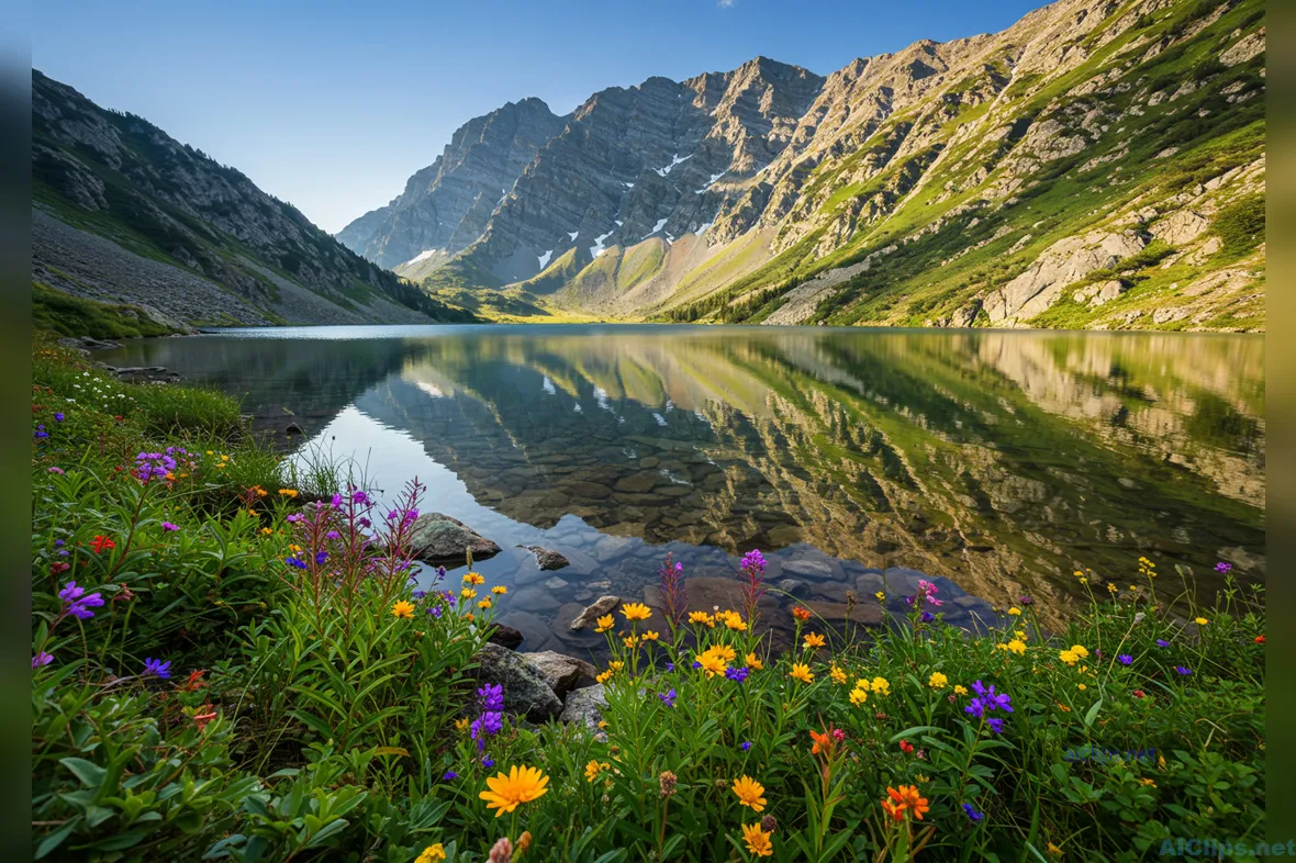 Breathtaking Mountain Lake with Wildflowers