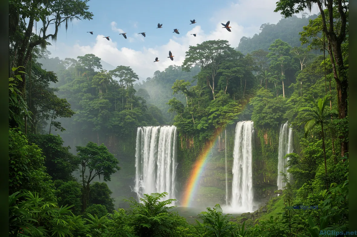 Lush Tropical Waterfall with Rainbow and Birds