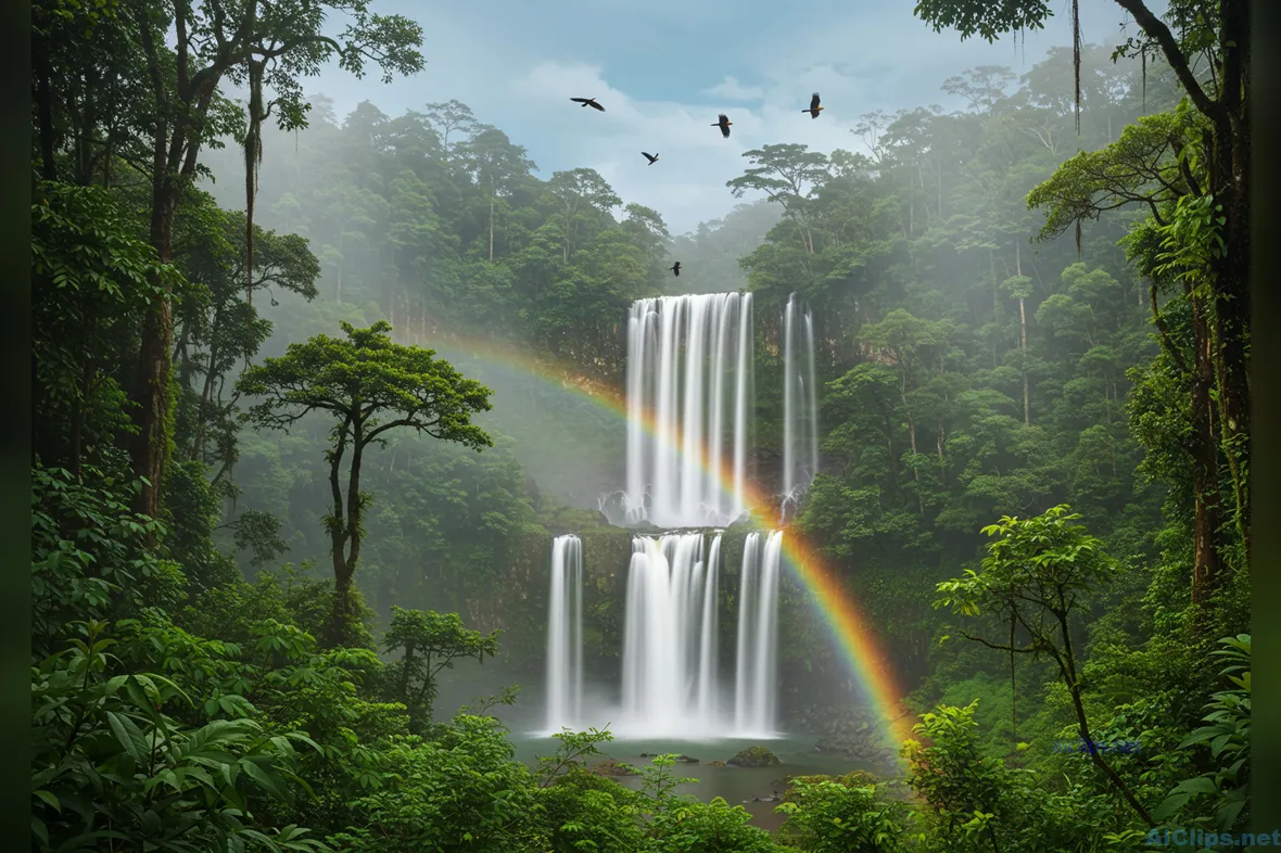 Serene Waterfall and Rainbow in Lush Jungle