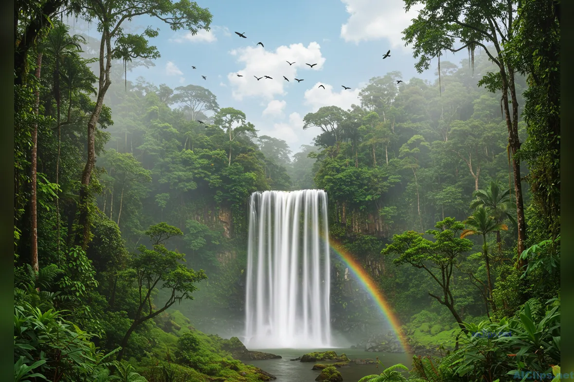 Serene Waterfall in Lush Rainforest Landscape