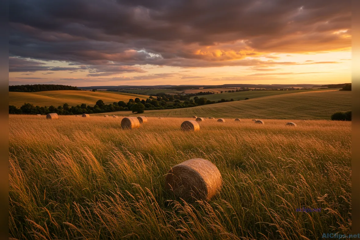 Scenic Sunset Over Rolling Hills with Hay Bales