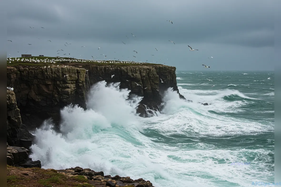 Dramatic Ocean Waves Crashing on Coastal Cliffs