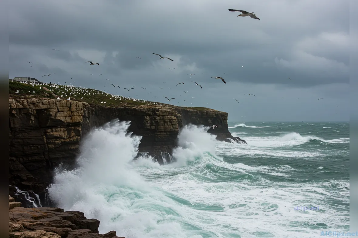Dynamic Coastal Landscape with Birds and Waves