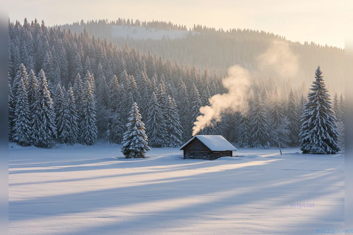 Serene Winter Cabin in Snowy Landscape
