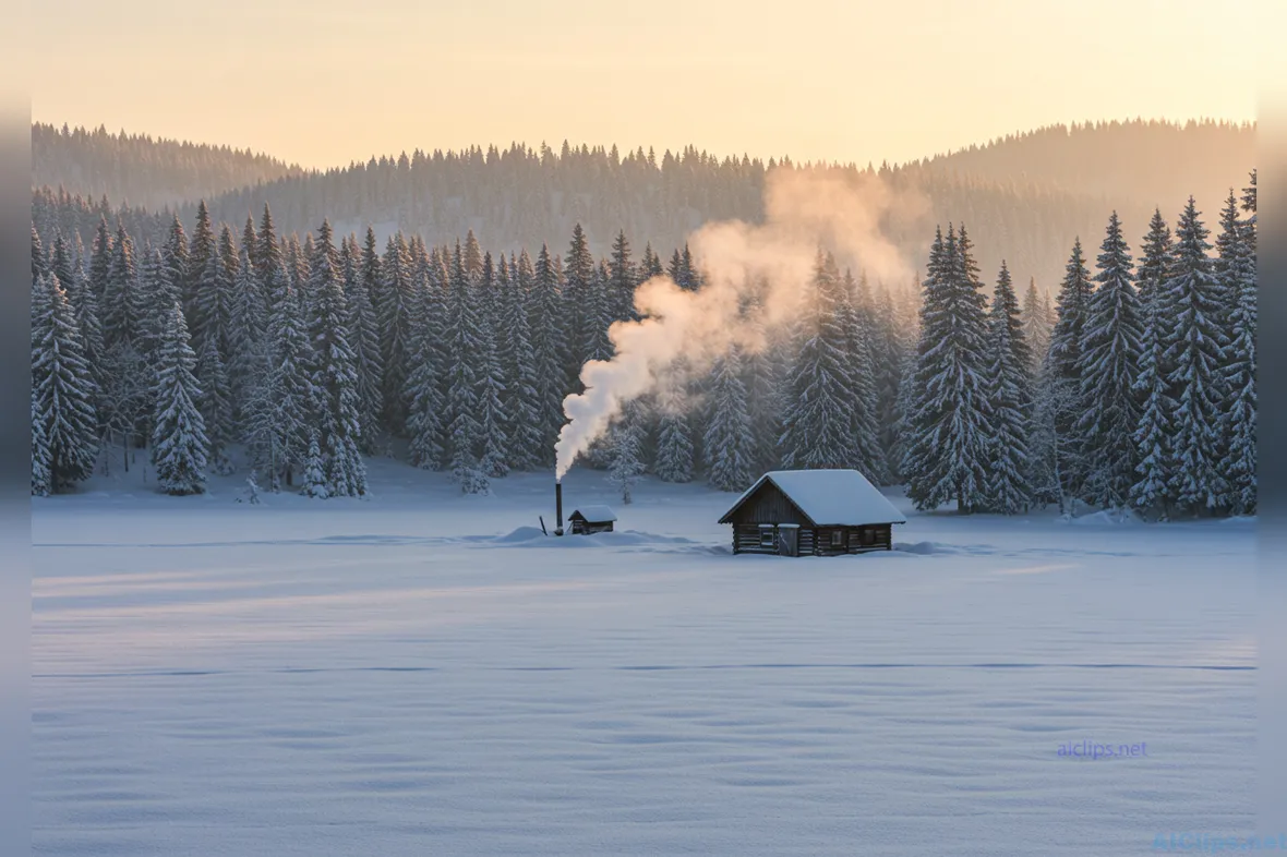 Serene Winter Cabin in Snowy Forest Landscape