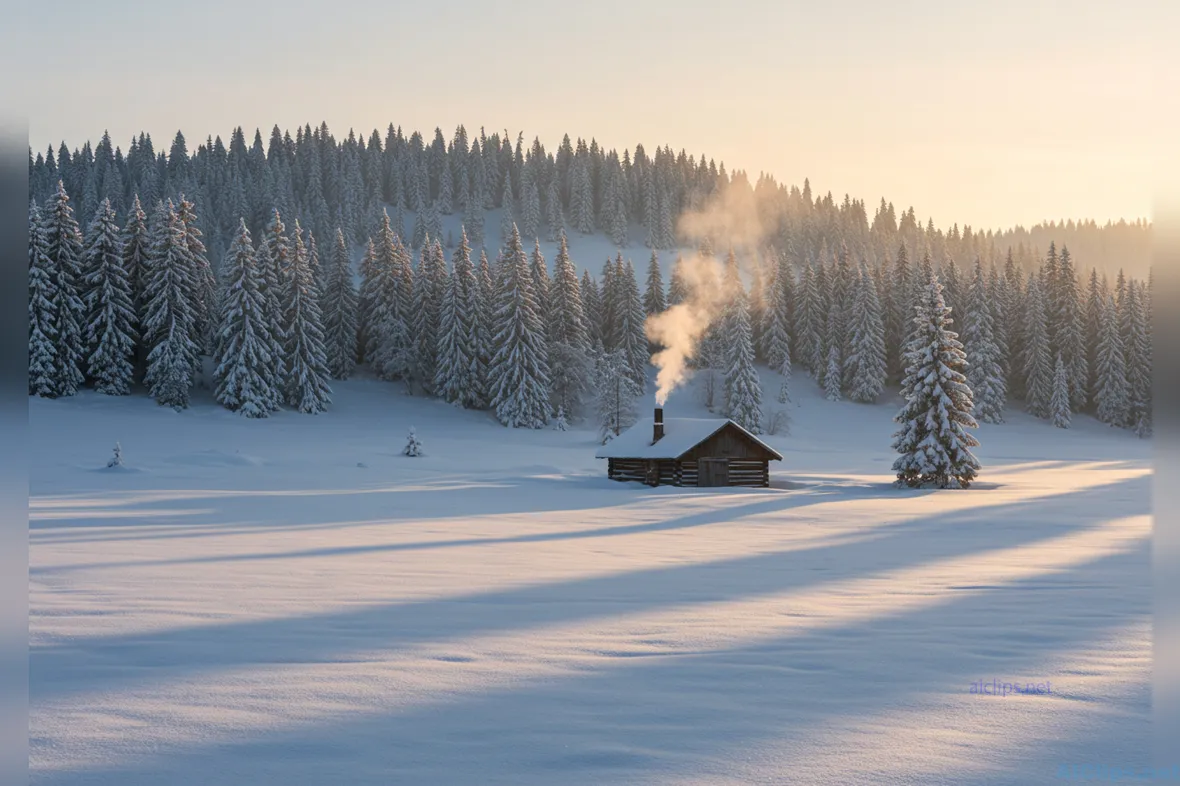Serene Winter Landscape with Cozy Cabin Retreat