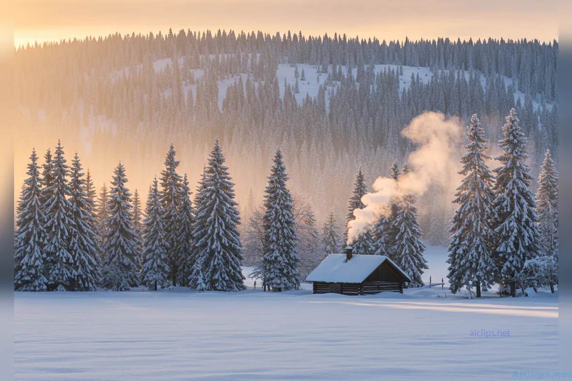 Serene Winter Landscape with Cozy Cabin