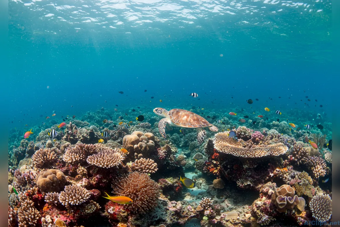 Vibrant Coral Reef with Sea Turtle and Fish