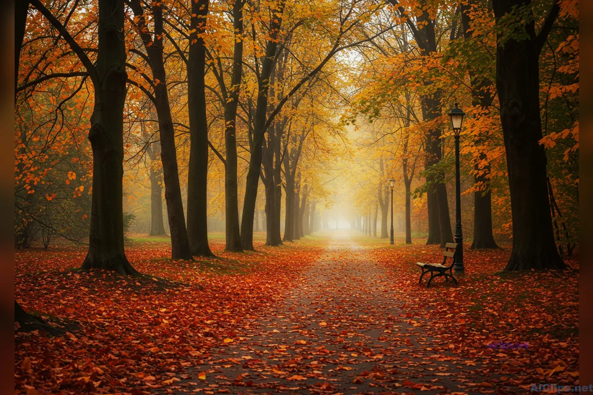 Serene Autumn Park Pathway in Golden Light