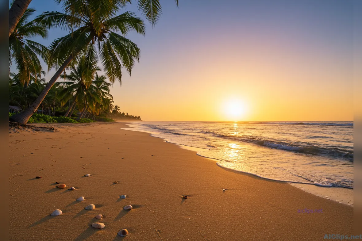 Serene Beach Sunset with Palm Trees and Waves