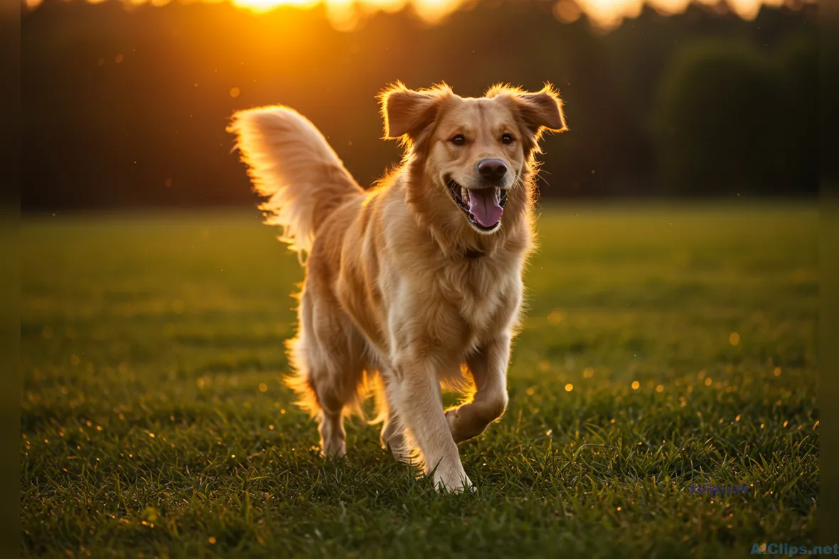 Golden Retriever Running at Sunset - Joyful Pet Moment