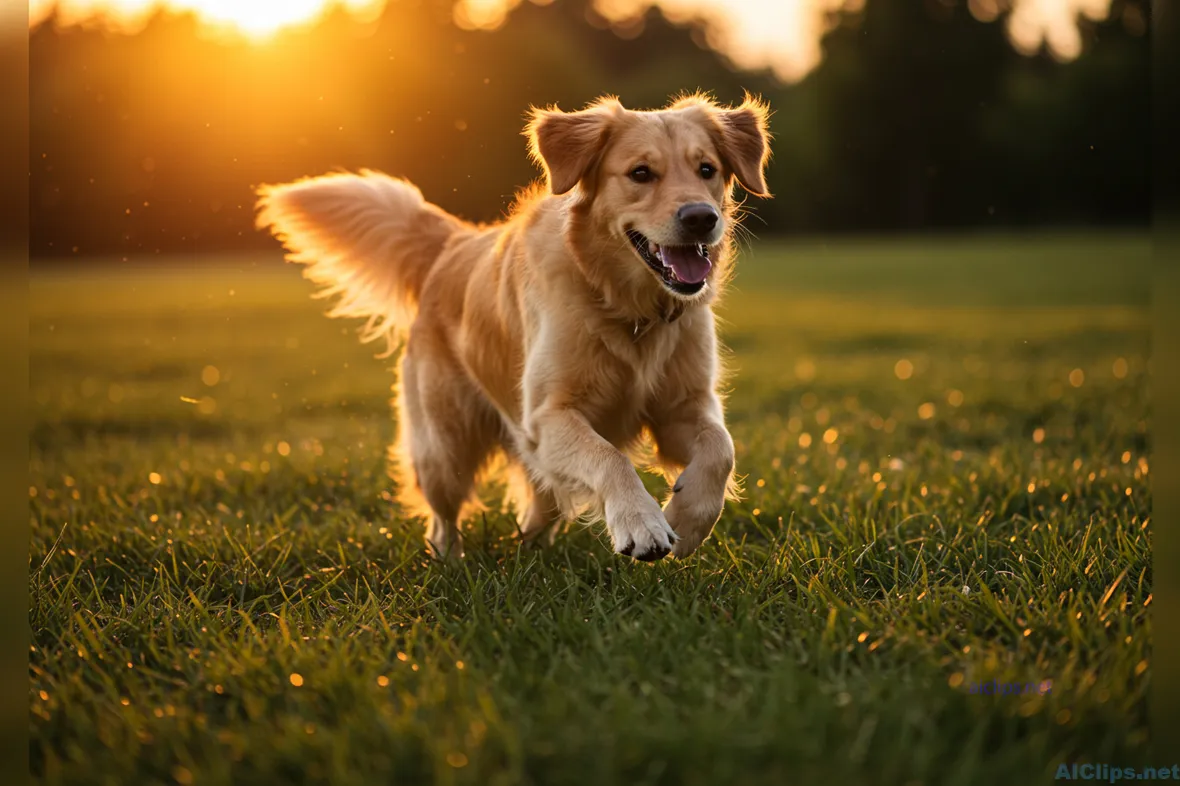 Happy Golden Retriever Playing in Golden Hour