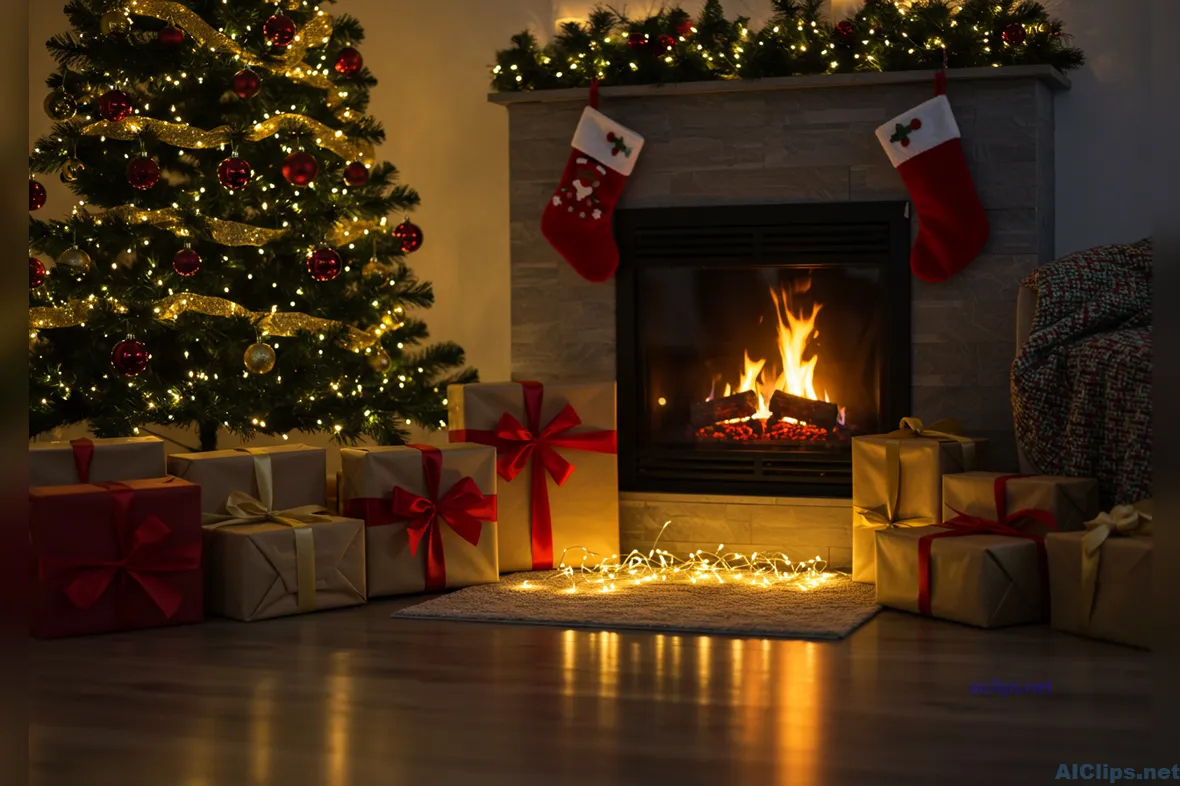 Cozy Christmas Living Room with Presents and Fire
