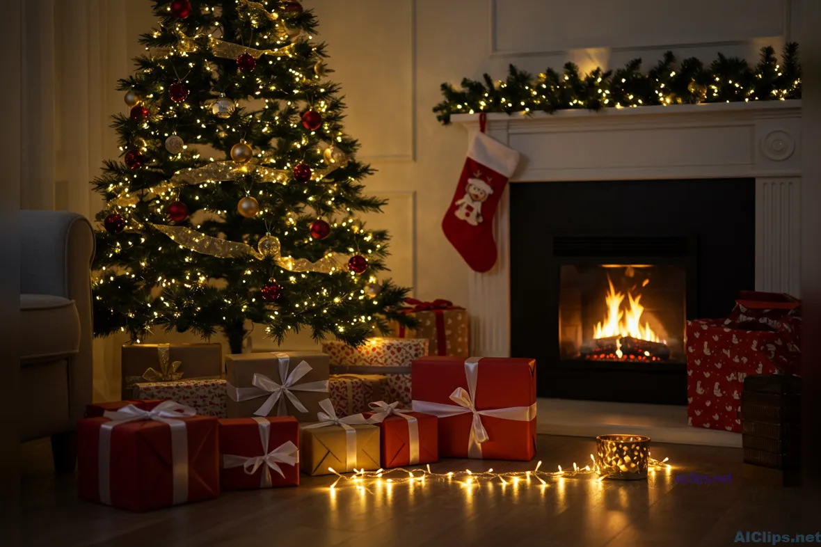 Cozy Christmas Scene with Decorated Tree & Gifts