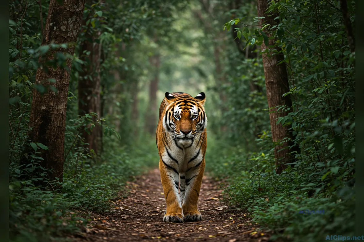 Majestic Tiger Walking Through Lush Forest