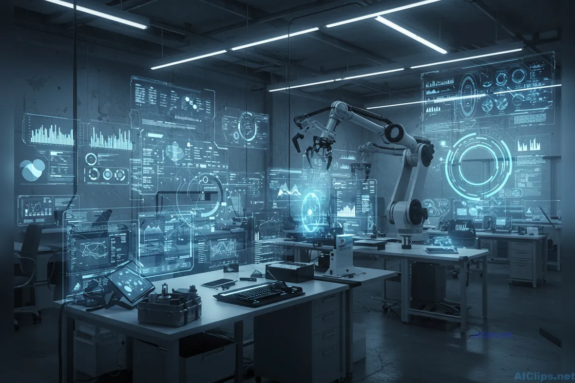 Futuristic Robotics Lab with Holo-Data Visualization