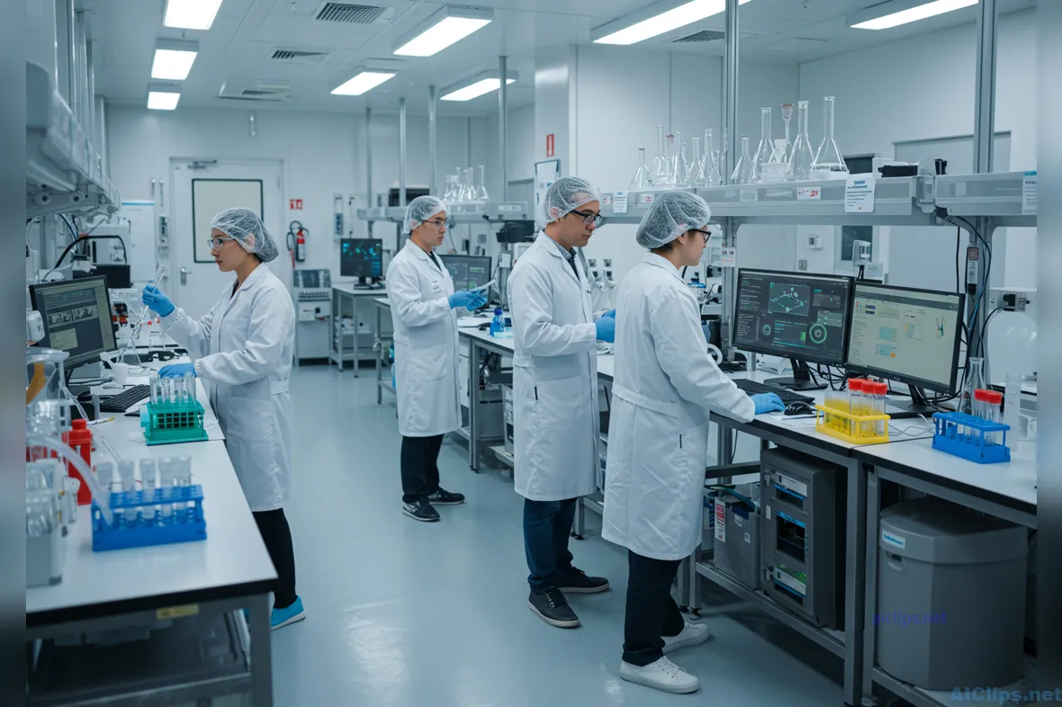 Modern Laboratory Team Working with High-Tech Equipment