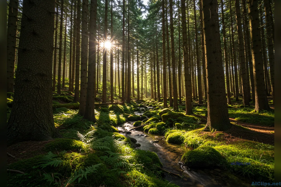Tranquil Forest Landscape with Sunlight and Stream