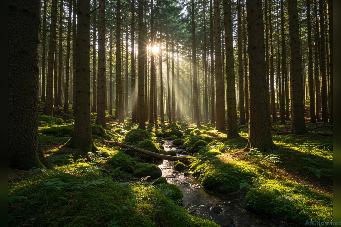 Serene Forest Landscape with Sunlight and Stream