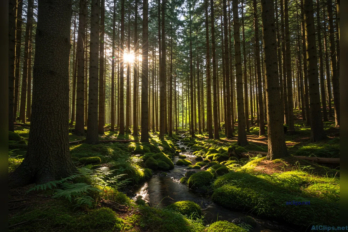 Calm Forest Landscape with Stream and Sunlight