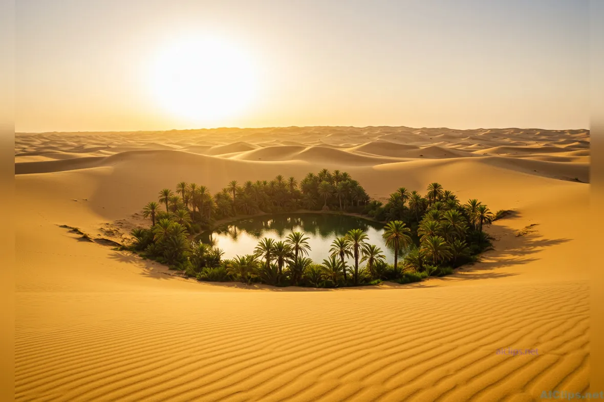 Stunning Oasis in Desert Landscape at Sunset