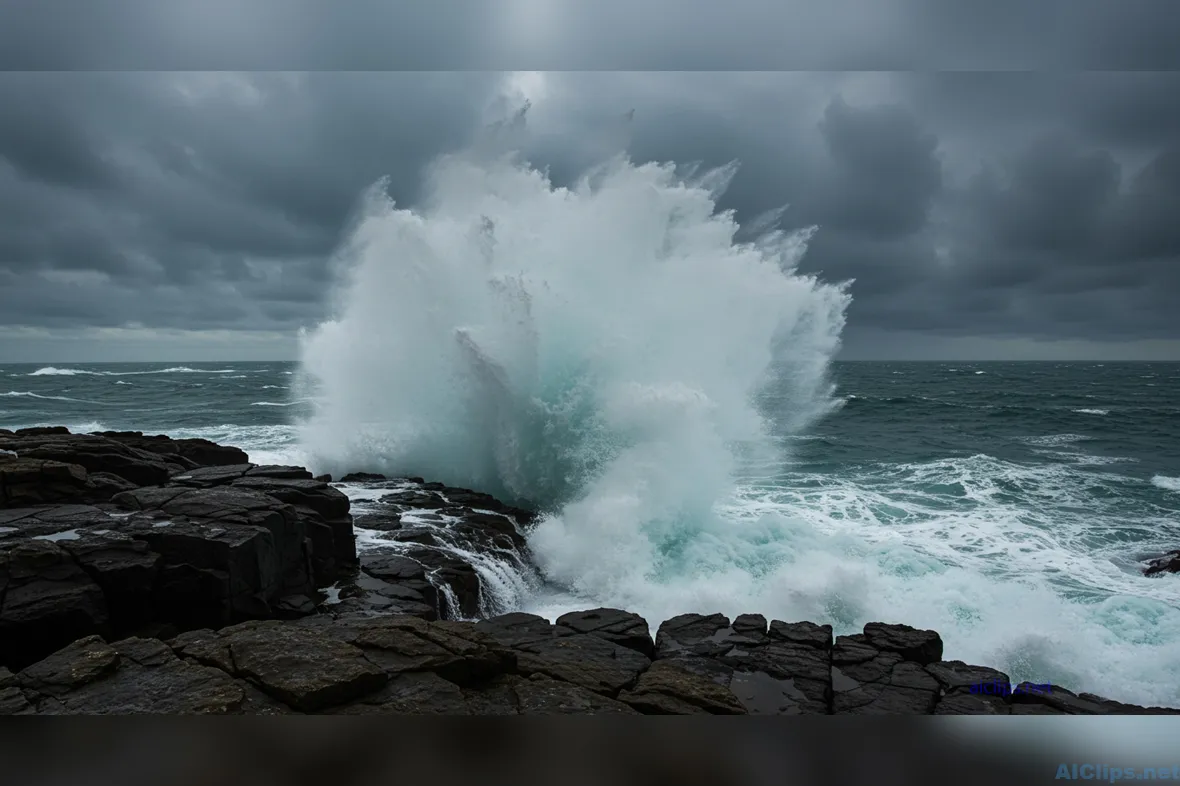 Dynamic Ocean Wave Splashing Against Rocky Coastline