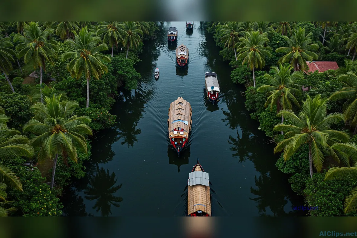 Scenic Backwaters with Traditional Boats and Palm Trees