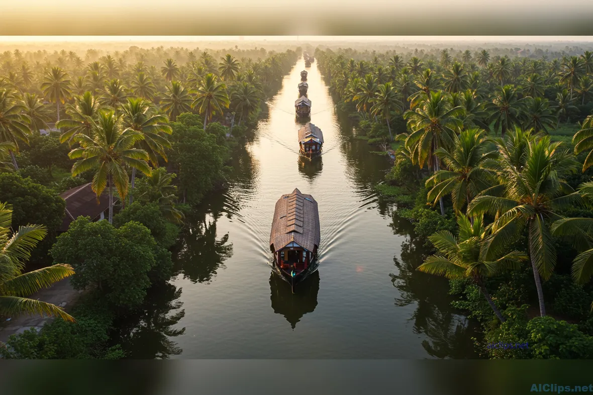 Tranquil Backwaters with Houseboats at Sunrise
