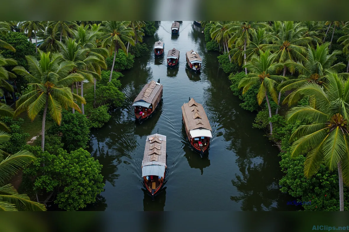 Serene Backwater Scene with Traditional Houseboats
