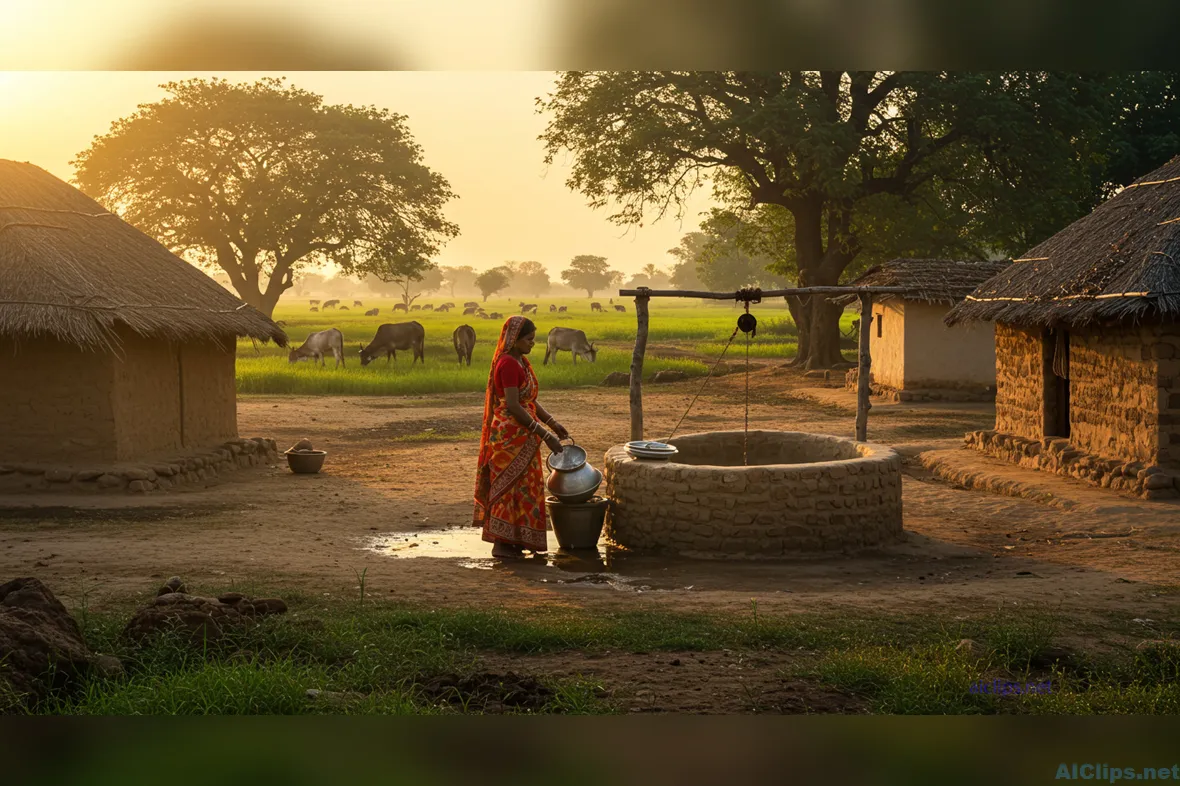 Serene Rural Life: Woman at Well in Vibrant Landscape