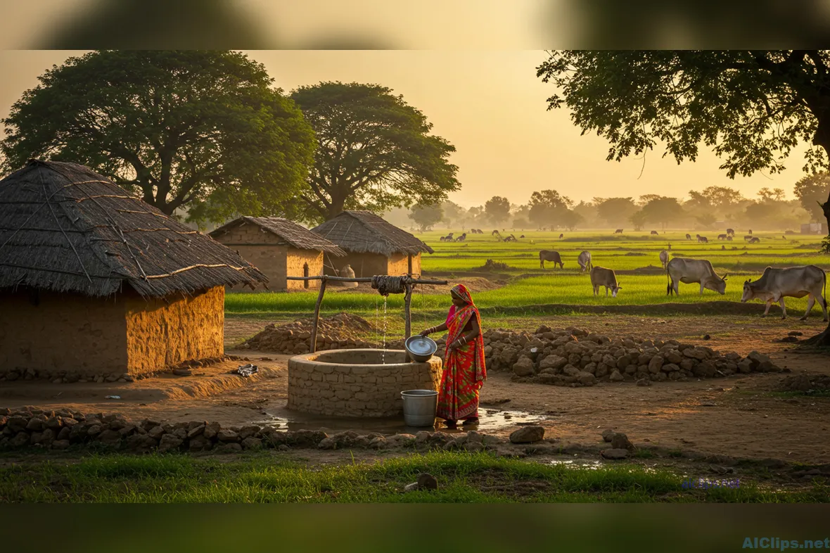 Rural Life: Woman at Well in Sunset Glow