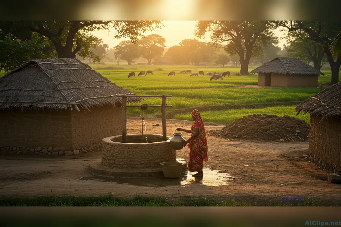 Rural Woman Collecting Water at Sunset