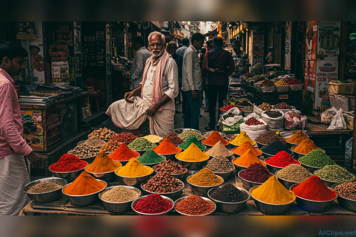 Vibrant Indian Spice Market Scene for Commercial Use