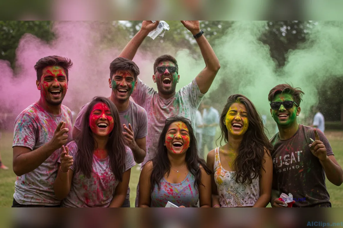 Vibrant Holi Celebration with Joyful Young Friends